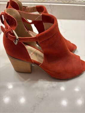 Sole Society Orange Suede Cutout Block Heel Sandal